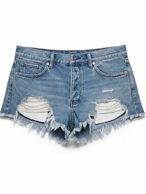 We The Free Distressed Raw Hem Denim Shorts Size 27 High Rise Light Blue Wash